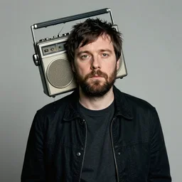 Thom Yorke, a man with a beard and a black jacket with a vintage radio instead of his head, a portrait by John E. Berninger, dribble, neo-expressionism, uhd image, studio portrait, 1990s