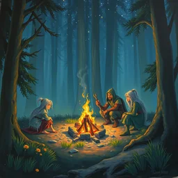 a forest clearing, painting, four fantasy characters gathered around a campfire, night sky
