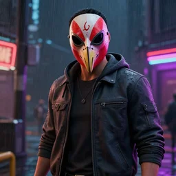 richard from hotline miami in the background of rain and neon, rooster mask, high quality 3 d render, unreal engine 5