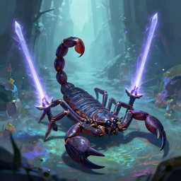 A fantasy scene of a scorpion wielding dark sabers in the ethereal Netherrealm. Artstation, CGSociety by Kim Jung Gi