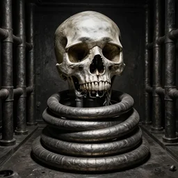 intricate, smooth metallic skull atop coil of thick pipes, interior room, dark, style by caspar david friedrich and wayne barlowe and ted nasmith.