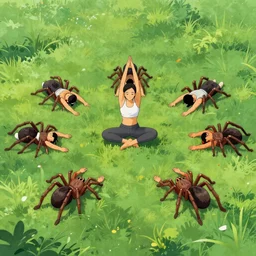 A group of spiders doing yoga in the grass, trending on artstation