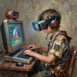 junky kid playing in console, cybertronic gadgets and vr helmet, durty colours, rotten textures, rusty shapes, hard surface, biotechnology, bao phan, tim hildebrandt, wayne barlow, bruce pennington, donato giancola, larry elmore, oil on canvas, masterpiece, trending on artstation, featured on pixiv, cinematic composition, hyper - detailed, hd, hdr, 4 k, 8 k