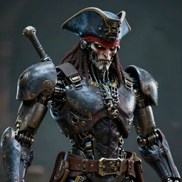 a close up portrait of an evil, malevolent mechanical robot pirate. this 4 k hd image is trending on artstation, featured on behance, well - rendered, extra crisp, features intricate detail and the style of unreal engine. volumetric lighting octane render