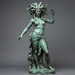 full body bronze sculpture of medusa, renaissance style, green dress, sharp facial features, angry, professional photography, dynamic and dominant