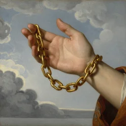 a hand holding a golden chain, renaissance style, realistic painting, detailed, clouds in background,