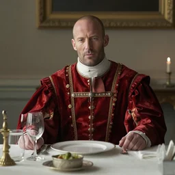 bald jason statham cast as dijkstra in the witcher netflix series wearing soft red fabric aristocratic clothing, large outfit, royal attire, sitting at dining table,