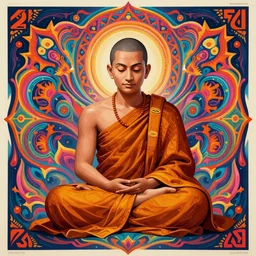 2 1 st century monk, sri lanka, silent, no talking, paranoia, symmetrical, concept art, intricate detail, volumetric shadows and lighting, psychedelic colors, vibrant, 1 9 7 0 soviet poster, - w 6 0 0