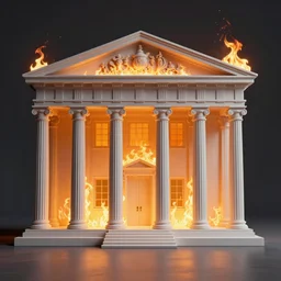 a burning bank artwork by mia brownell, very detailed, maximalism, ambient occlusion, volumetric light, atmospheric haze, hyper realism, futuristic but colorful shading, cinematic composition, realistic render, photography, wide shot