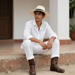 a young man wearing a canotier cuban hat, crisp white linen shirt and slacks, leather boots, sitting outside a hacienda in havana, havanese dogs playing, genndy tartakovsky, atey ghailan, goro fujita, studio ghibli, rim light, mid morning lighting, clear focus, very coherent