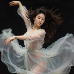 portrait of a beautiful woman with her translucent dress blowing in the wind, modern dancing, highly detailed, by john william waterhouse, and studio ghibli, victo ngai, surreal, dramatic lighting, close up