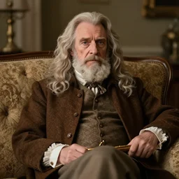 cozy picture of older handsome lord richard is sitting gracefully on a sofa, his eyes look wise