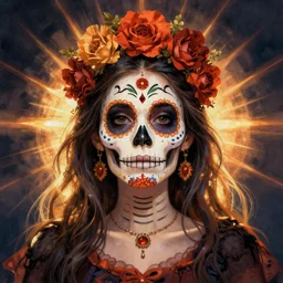 Illustration of a sugar skull day of the dead girl, art by m c escher