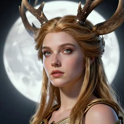 highly detailed close up portrait of Artemis, goddess of the hunt and the moon, digital art, concept art, character art, studio lightning, bright colors, intricate, masterpiece, photorealistic, hiperrealistic, sharp focus, high contrast, Artstation HQ, DeviantArt trending, 4k UHD, Unreal Engine 5