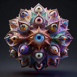 a multicolor fractal mandelbulb aztec demon with multiple eyes by alex gray, android jones, karol bak, ayami kojima, artgerm, concept art, sharp angles, robot, 3 d, octane render, 8 k, unreal engine