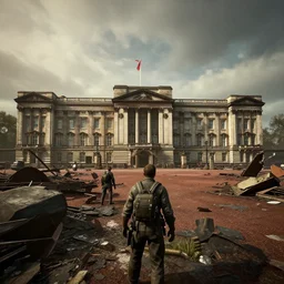 buckingham palace in ruins post - nuclear war in fallout 4, in game screenshot
