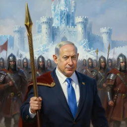 insanely detailed painting of benjamin netanyahu leading a medieval army towards an icy castle, depth of field, benjamin netanyahu, by ted nasmith