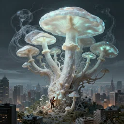 an analog organic theriomorphic holobiont eating a city, concept art, mycorrhiza, rhapsodizing, recursive mushroom, translucidluminescence, intricate, kim jung gi, james jean, shaun tan, analog detail, cinematic, epic wide shot, ultra detailed, sharp focus, smooth, physically rendering, photorealistic, 8 k