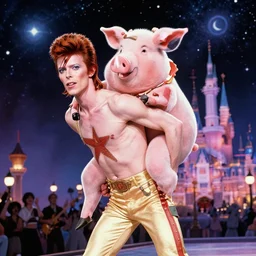 david bowie giving a piggy back ride to ziggy stardust. glam rock. cosmic. disney. thomas kinkade.