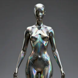metal sculpture, female figure with chest opening up towards the viewer, symmetrical and iridescent glass, rainbow reflections, style of ivan black, jack storms yunchul kim anthony howe, octane render, 4 k