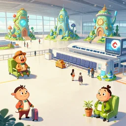 photo cartoon illustration comics manga painting of airportenvironement : 6 fantasy environement, digital painting, unreal engine, 8 k, volumetric lighting, contrast by john kirby by carl warner and jim woodring, trending on artstation