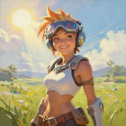a beautiful oil painting of kanye west as tracer from the game overwatch in the style of delphin enjolras, standing alone in grassy field, smiling while the sun shines down, feminine face, light rays, radiant quality, 4 k, brush strokes, beautiful eyes, peaceful atmosphere, artstation, heavenly glow, tracer overwatch, detailed face, smiling, tracer vizor,