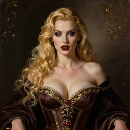 majestic gracious regal aristocratic female blonde vampire portrait, atmospheric lighting, painted, curvy, voluptuous, menacing, intricate, volumetric lighting, beautiful, rich deep colours masterpiece, golden hour, sharp focus, ultra detailed, by leesha hannigan, ross tran, thierry doizon, kai carpenter, ignacio fernandez rios