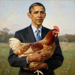 Oil painting of Barack Obama holding a chicken, 1800s painting,