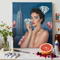 “ a portrait in a queer female art student ’ s apartment, sensual, a big diamond, skyscraper, a ruby grapefruit, art supplies, paint tubes, palette knife, pigs, ikebana, herbs, a candle dripping white wax, squashed berries, berry juice drips, acrylic and spray paint and oilstick on canvas, surrealism, neoexpressionism ”