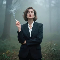 woman in a suit, cigarette smoke, in fog, a forest in the background, photography by helmut newton
