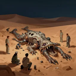 concept art by jama jurabaev, cel shaded, cinematic shot, trending on artstation, high quality, brush stroke, night, the research team is investigating the remains of an ancient monster buried in the desert