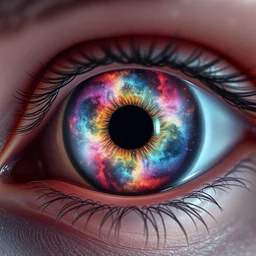 a hyper - detailed render of a human eye, the iris of the eye is made of beautiful colorful galaxies, vibrant nebulae, macro photography, space, 4 k, soft lighting, trending on artstation