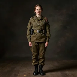 amelia clarke as a soldier, portrait, full shot
