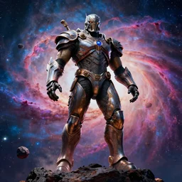 movie still frame, giant armored watcher in epic pose standing on an asteroid, a psychedelic nebula in the background, intricate details, beautiful composition, 8 k, cgi, by ridley scott, james cameron, zack snyder and michael bay