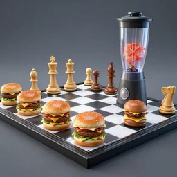 chess board with cheeseburgers, blender render