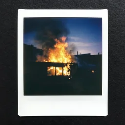 a building on fire, polaroid