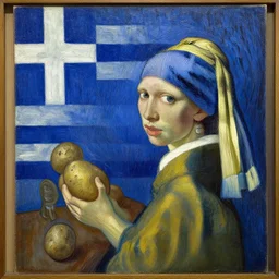 oil on canvas, by vincent van gogh in the style of the potato eaters, with a greek flag in the backgroung