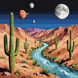 the chihuahuan desert, cacti, surrounded by hills, a river flows through the valley, moons and planets fill the sky, pop art, highly detailed.