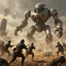 still of christian soldiers fighting against giant monstrous alien robot in world war one, mars setting, dieselpunk, concept art, artstation, stephen bliss, unreal engine, game screenshot