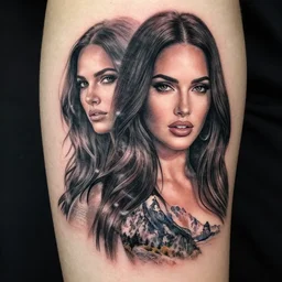 amazing double exposure effect tattoo design sketch of megan fox and beautiful mountains, realism tattoo, in the style of matteo pasqualin, amazing detail, sharp