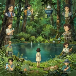 forest, lake, girl, infographic with illustrations!!!, digital art,, concept art, detailed illustration, hd, 4 k, digital art, greg rutkowski, dan mumford, studio ghibli trending on artstation