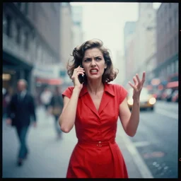 grainy abstract experimental expired film photo of a woman in red dress, talking angrily on mobile phone, gesticulating angrily, in 1 9 6 0 s new york city by saul leiter, 5 0 mm lens, oversaturated filter, blur, reflection, refraction, distortion, fog, smears, smudges, blur, cinestill 8 0 0 t