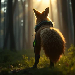 a cyberpunk anthropomorphic fox with a fluffy tail in a forest, backlighting, dramatic lighting, cgi, rendered in unreal engine