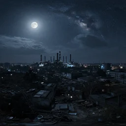 a big industrial city metropoli in the distance, cloudy dark sky, it's late at night the moon and the milky way shine, dead bodies are scattered over the city, 3 6 0 render panorama