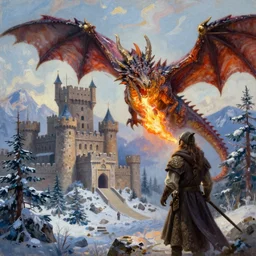 hyperrealistic masterpiece oil painting, as a digital illustration, of a lifelike medieval dragon breathing fire upon a castle, as a dnd character, ultradetailed, surrounded by cold taiga, high readability, trending on artstation, dreamlike, art by brothers hildebrandt