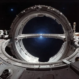 intergalactic stargate portal in a space station with a view of a star in the background by thomas kinkaid
