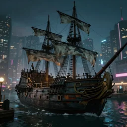 a battered pirate ship pulls into the port of night city cyberpunk 2077 in the evening with dim neon city light in the background, close up, hyper realistic, octane, cinematic, high energy
