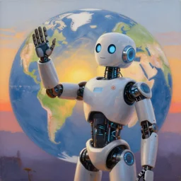 an ai - controlled robot waving hello to the world at the dawn of a new day, by greg rutkowski thomas kincade, detailed, 4 k, artstation, canvas painting, emotional, beautiful, hopeful