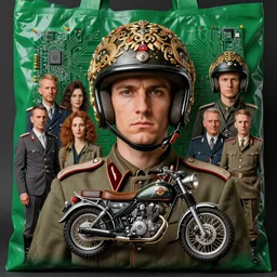 portrait of a third reich soldier in ornate motorcycle dirt helmet in a helmet background green plastic bag, circuitboard,, rich deep colors, ultra detail, by francis bacon, james ginn, petra courtright, jenny saville, gerhard richter, zdzisaw beksinsk, takato yamamoto. masterpiece, elegant fashion studio ighting 3 5 mm