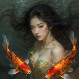 asian goddess of the koi!! portrait of a seductive queen in underwater murky light, wind blown hair! fantasy esoteric, closeup, d & d, fantasy, intricate, elegant, highly detailed, digital painting, artstation, concept art, matte, sharp focus, illustration, art by artgerm and tom bagshaw and greg rutkowski and alphonse mucha